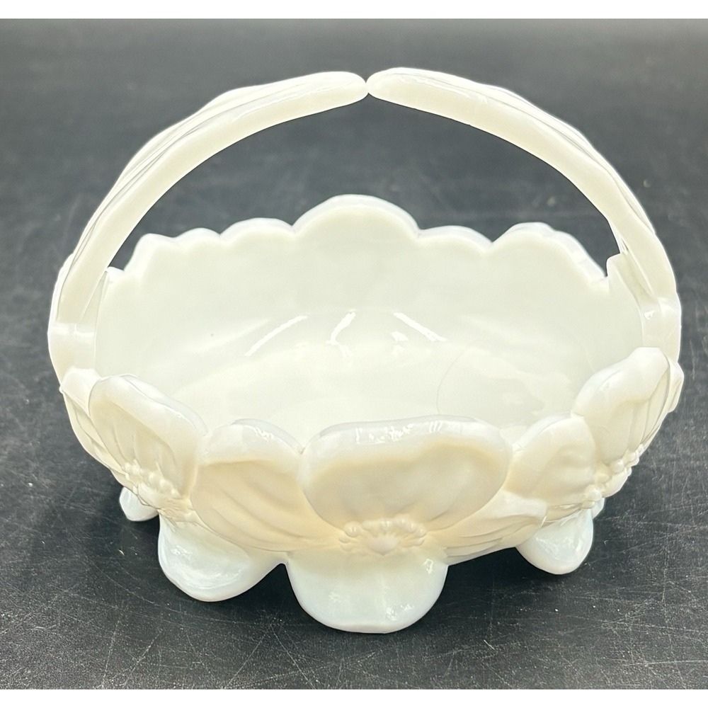 Vtg Glass Split Handle Milk Glass Small Dogwood Bowl Candy Dish